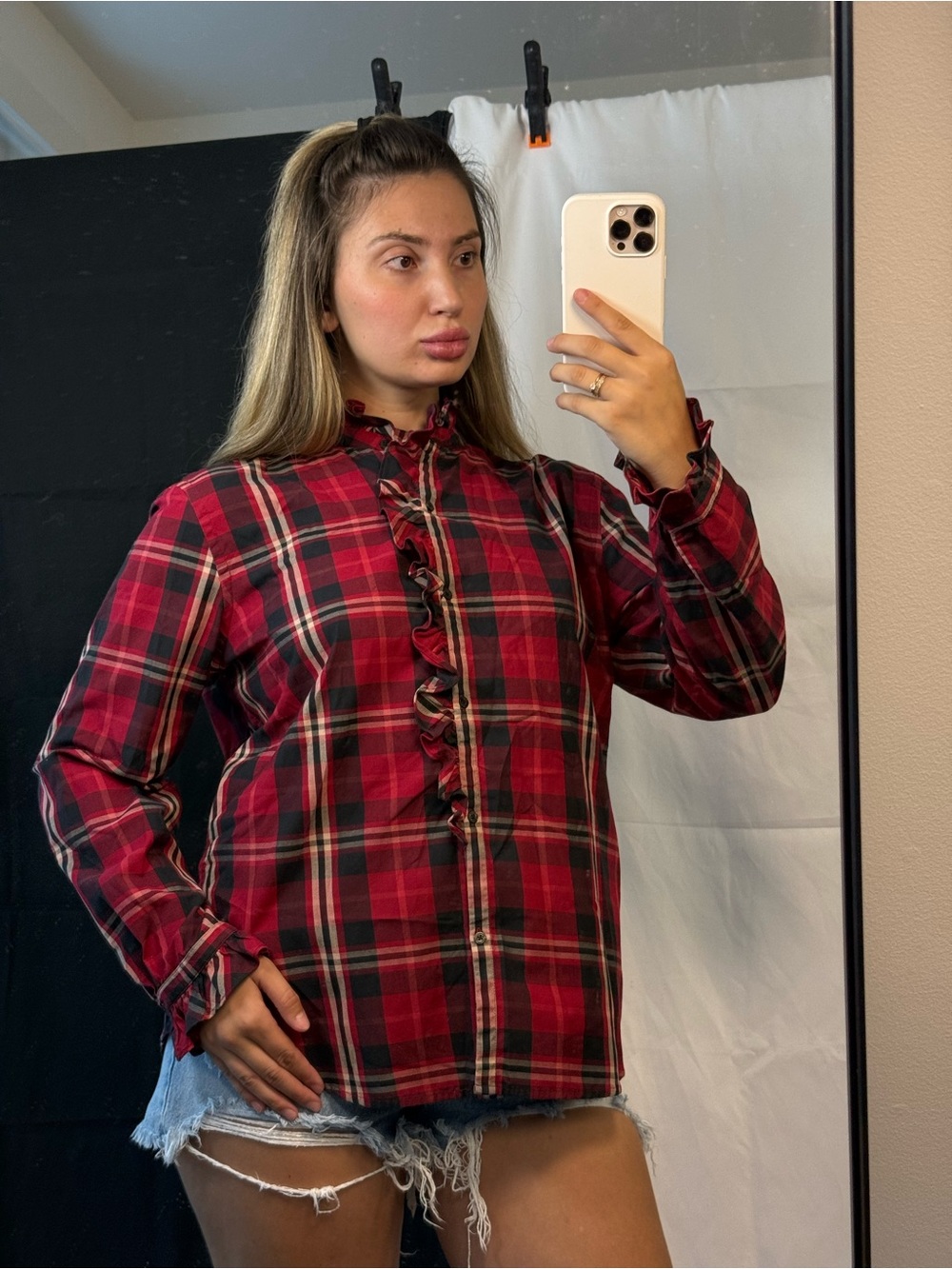 Classic Red Plaid Ruffle-Trim Button-Up Shirt